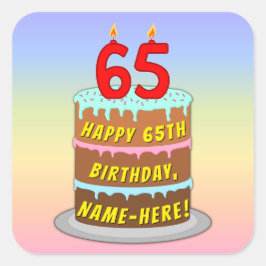 Pegatina Cuadrada 65º cumpleaños: Torta divertida y velas + nombre p
