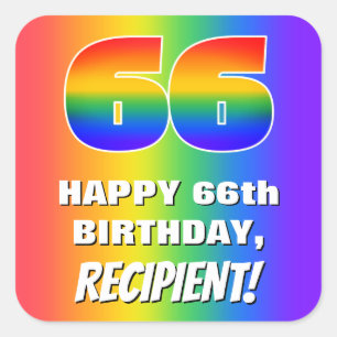 Pegatina Cuadrada 66º cumpleaños: Colorido, divertido patrón arcoiri