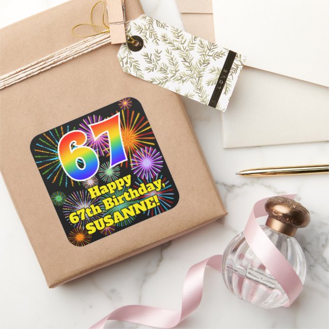 Pegatina Cuadrada 67º cumpleaños: aspecto de los fuegos artificiales (Regalar)