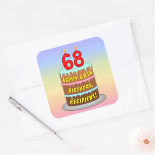 Pegatina Cuadrada 68º cumpleaños: Torta divertida y velas + nombre p