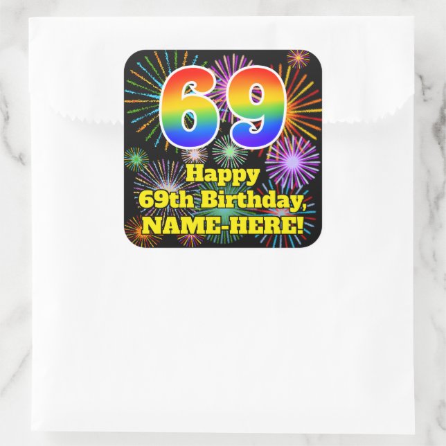 Pegatina Cuadrada 69º cumpleaños: apariencia de fuegos artificiales  (Bolso)