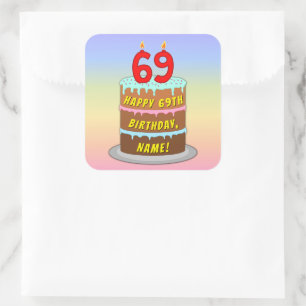 Pegatina Cuadrada 69º cumpleaños: Torta divertida y velas + nombre p