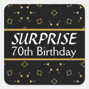 Pegatina Cuadrada 70.ª SORPRESA Cumpleaños Negro y Oro V01