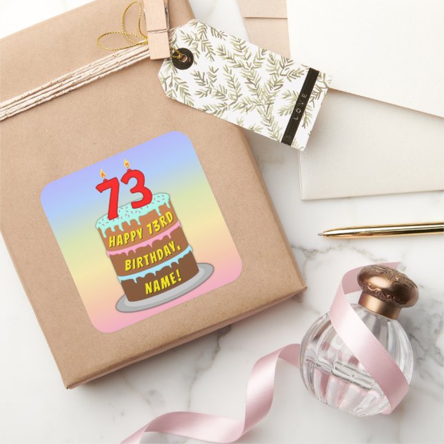 Pegatina Cuadrada 73 Aniversario: Torta divertida y velas + nombre p (Regalar)