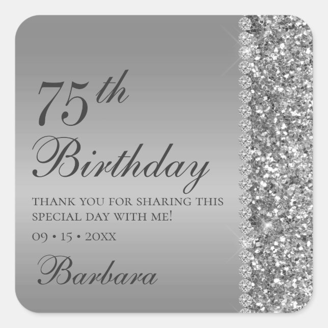 Pegatina Cuadrada 75º Cumpleaños Elegante Plata (Anverso)