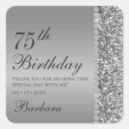 Pegatina Cuadrada 75º Cumpleaños Elegante Plata