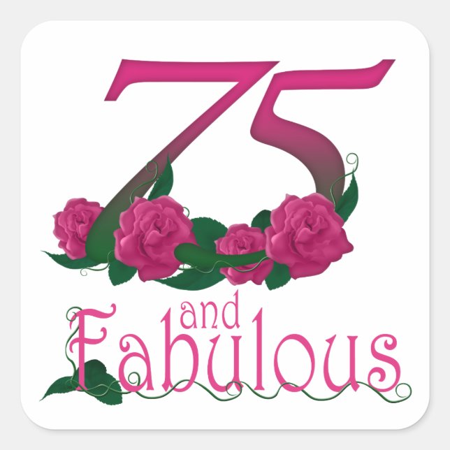 Pegatina Cuadrada 75 años fabuloso número de edad floral rosa (Anverso)
