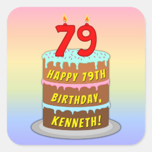 Pegatina Cuadrada 79º cumpleaños: Torta divertida y velas + nombre p