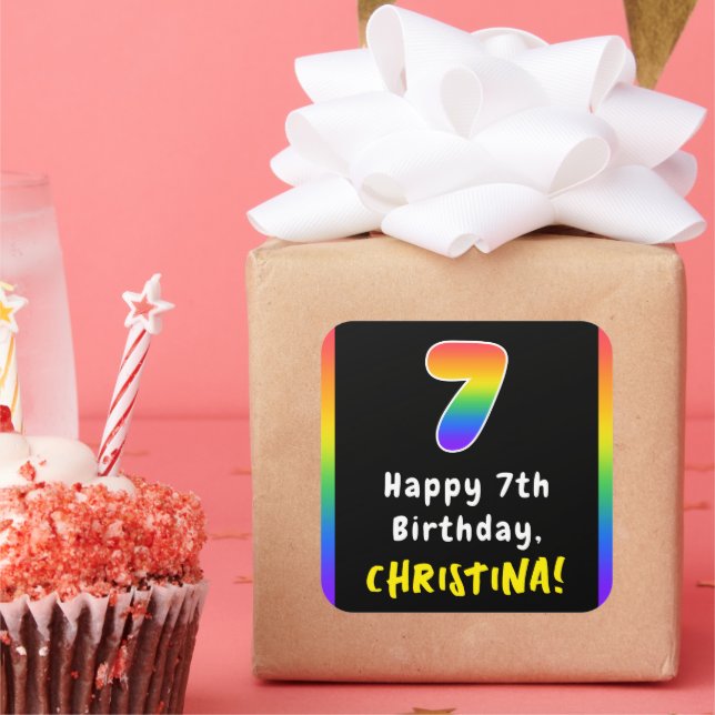 Pegatina Cuadrada 7.º cumpleaños: Espectro arcoiris # 7, nombre pers (Fiesta)