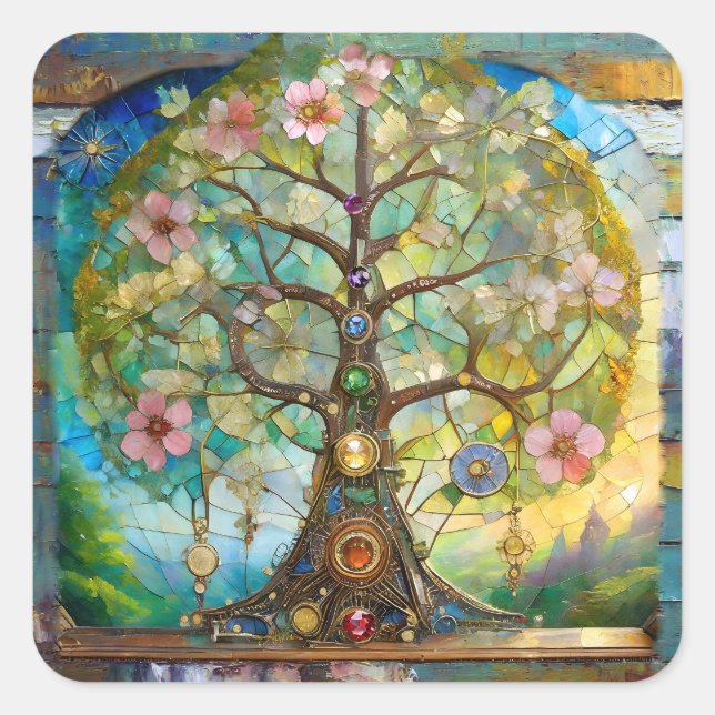 Pegatina Cuadrada 7 Chakra Blossoming Tree Of Life (Anverso)