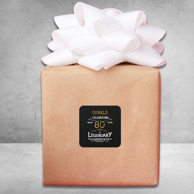 Pegatina Cuadrada 80.º cumpleaños Black Gold Legendary Retro (An elegant paper sticker / label that is easy to customize for that special 80th birthday.)