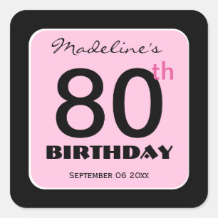 Pegatina Cuadrada 80.º Nacimiento Elegante PINK BLACK Nombre persona