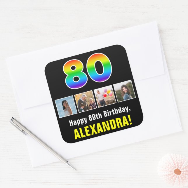 Pegatina Cuadrada 80° cumpleaños: Arcoiris "80"; fotos y nombre de P (Sobre)
