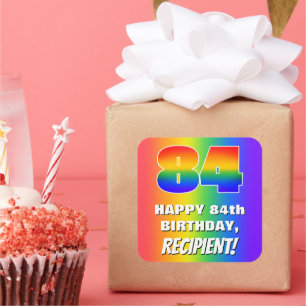 Pegatina Cuadrada 84º cumpleaños: Colorido, divertido patrón arcoiri