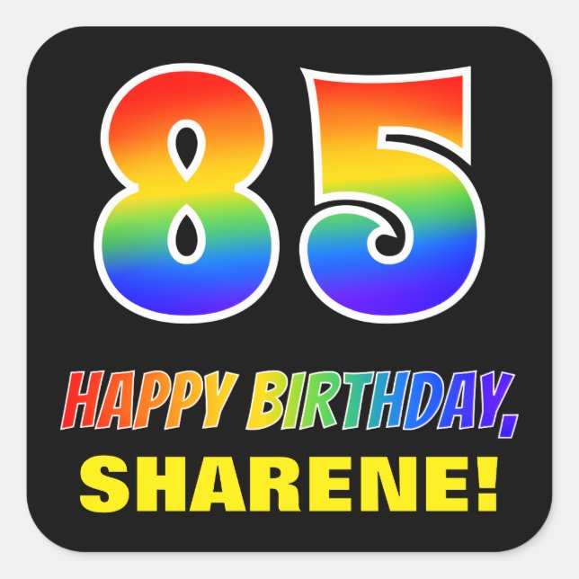 Pegatina Cuadrada 85º cumpleaños: audaz, divertido, simple, arcoiris (Anverso)