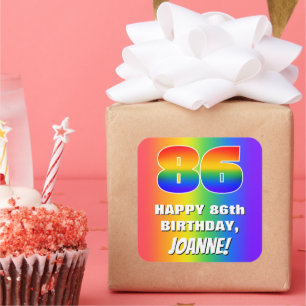 Pegatina Cuadrada 86º cumpleaños: Colorido, divertido patrón arcoiri