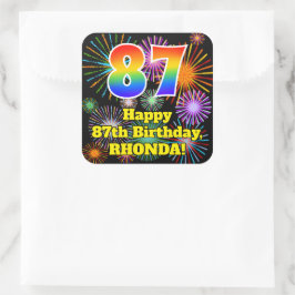 Pegatina Cuadrada 87º cumpleaños: Fuegos artificiales divertidos, ar