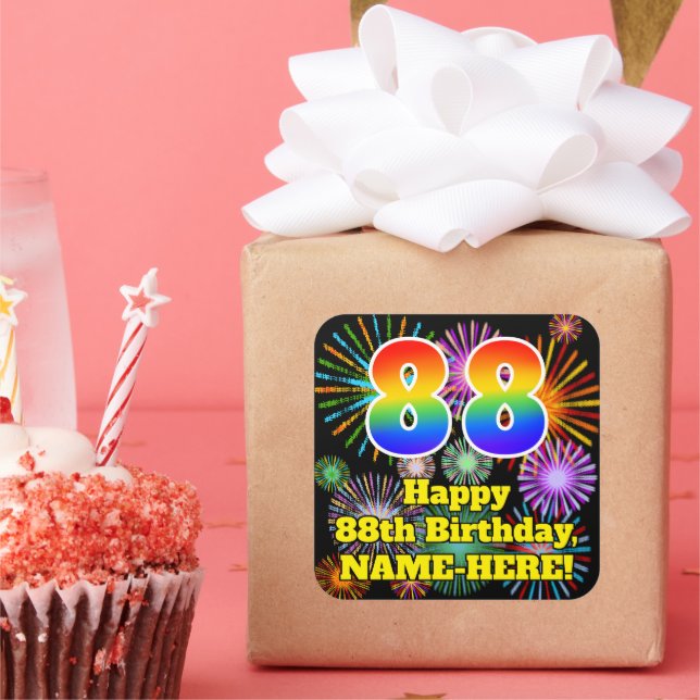 Pegatina Cuadrada 88º cumpleaños: aspecto de los fuegos artificiales (Fiesta)