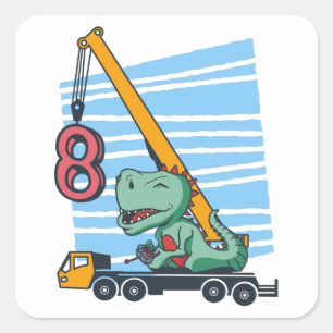 Pegatina Cuadrada 8 años Cumpleaños 8 Móvil Grúa Dinosaurio