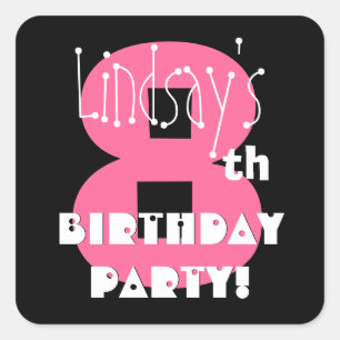 Pegatina Cuadrada 8vo Rosado conocido del cumpleaños y negro de