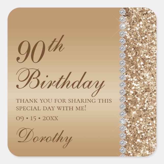 Pegatina Cuadrada 90º Cumpleaños Elegante de Oro (Anverso)