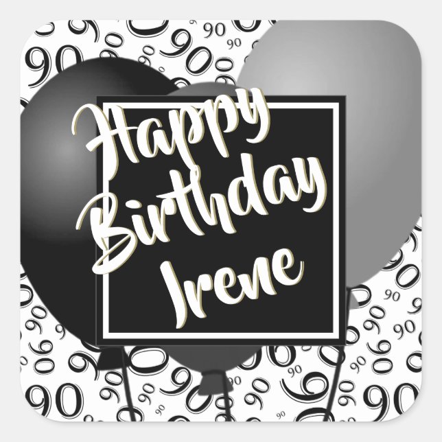 Pegatina Cuadrada 90.º cumpleaños feliz - Patrón de números blanco/n (Anverso)