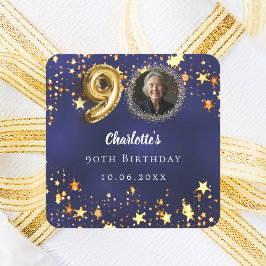 Pegatina Cuadrada 90 cumpleaños foto de estrellas doradas sobre fond