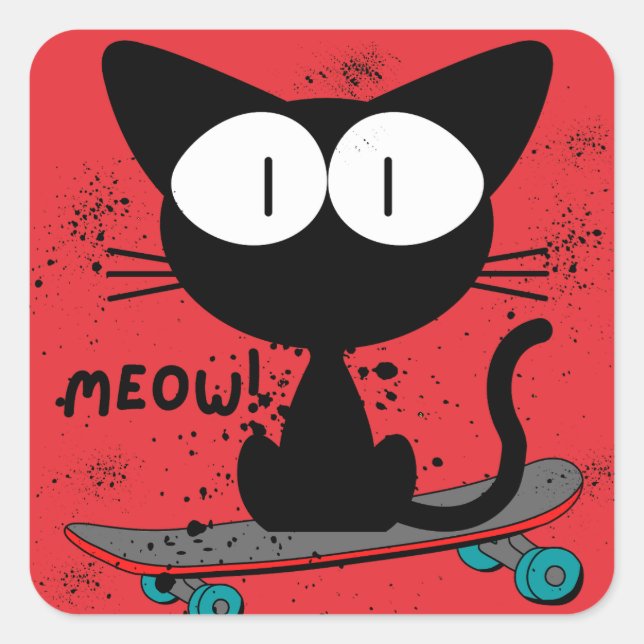 Pegatina Cuadrada 90, skateboard cat, skateboard nunca muere (Anverso)