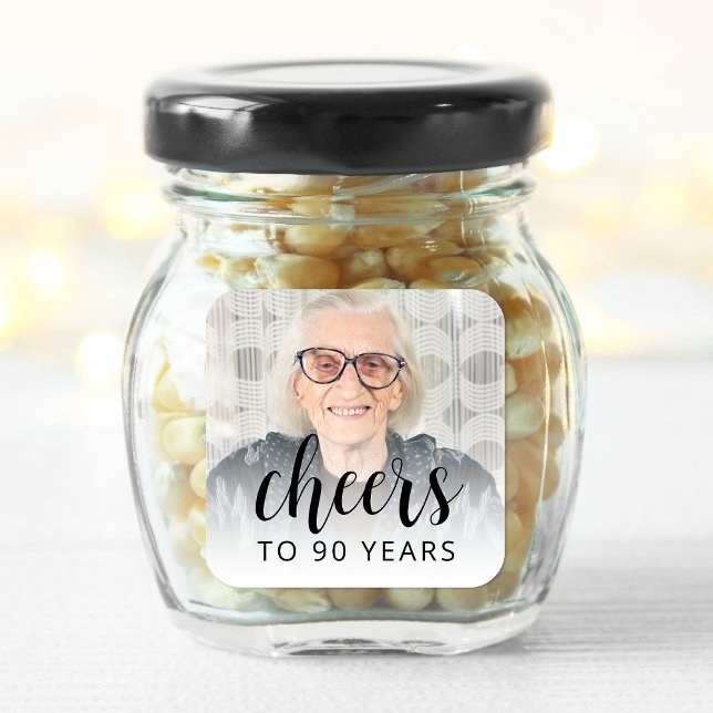 Pegatina Cuadrada 90th Birthday Party Photo Black Script Cheers (Subido por el creador)