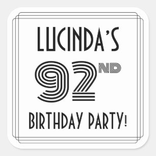 Pegatina Cuadrada 92ª Fiesta de Cumpleaños: Estilo Art Deco + Nombre