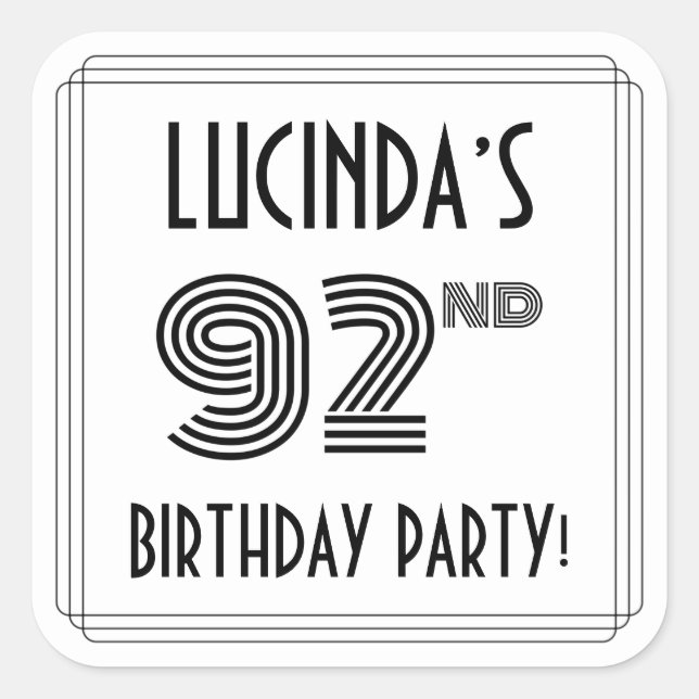 Pegatina Cuadrada 92ª Fiesta de Cumpleaños: Estilo Art Deco + Nombre (Anverso)