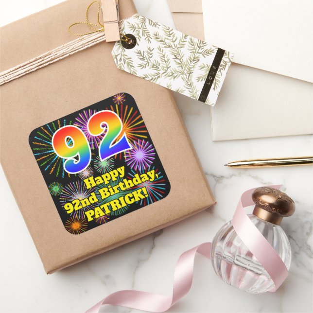 Pegatina Cuadrada 92° cumpleaños: Divertidos fuegos artificiales, ar (Regalar)