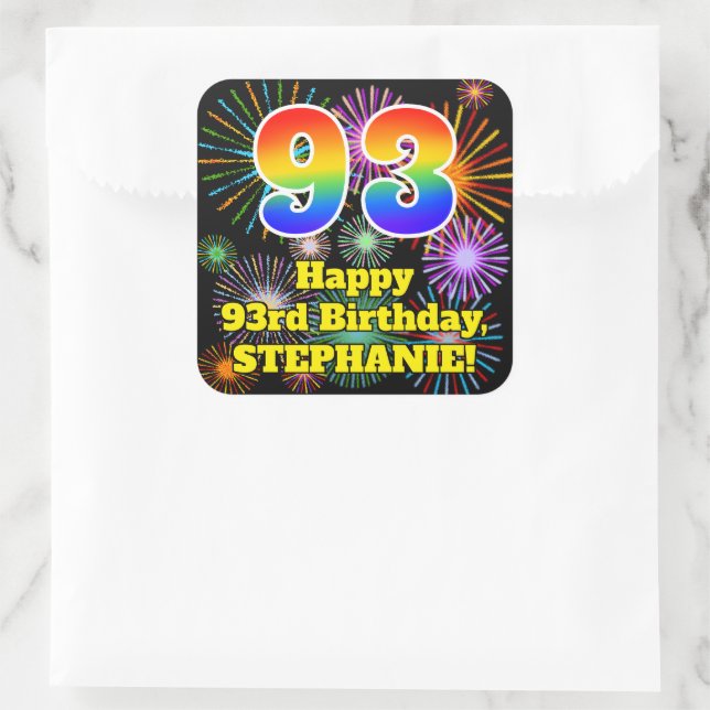 Pegatina Cuadrada 93° cumpleaños: aspecto de los fuegos artificiales (Bolso)