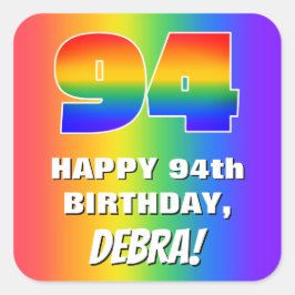 Pegatina Cuadrada 94º cumpleaños: Colorido, divertido patrón arcoiri