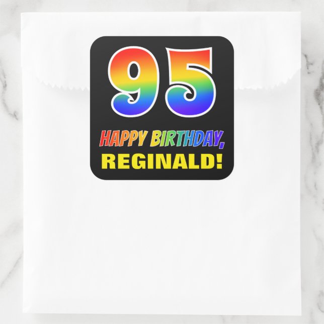 Pegatina Cuadrada 95º cumpleaños: audaz, divertido, simple, arcoiris (Bolso)