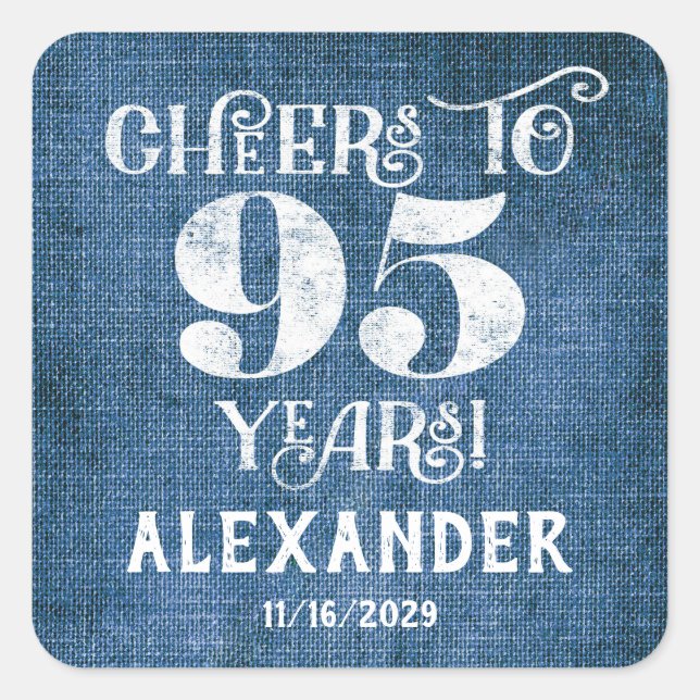 Pegatina Cuadrada 95 cumpleaños Blue Linen Gracias a Favor de los Pe (Anverso)