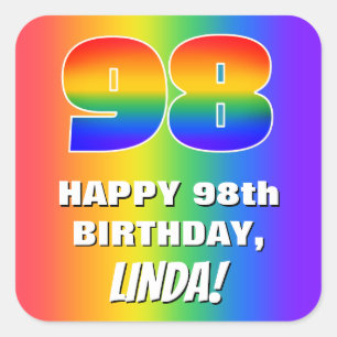 Pegatina Cuadrada 98º cumpleaños: Colorido, divertido patrón arcoiri