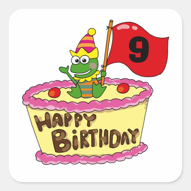 Pegatina Cuadrada 9.º feliz cumpleaños (Anverso)