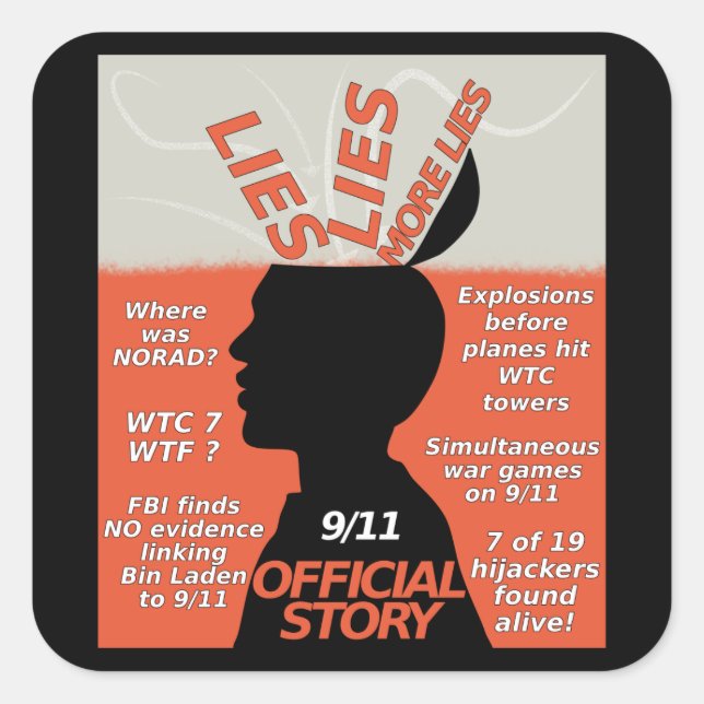 Pegatina Cuadrada 9-11 Verdadera Historia Oficial Mentira (Anverso)