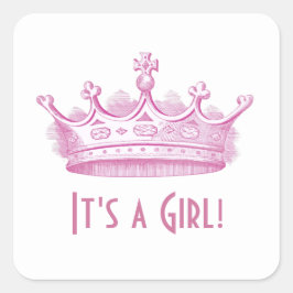 Pegatina Cuadrada A02 de la corona rosa Baby Shower o Invitación