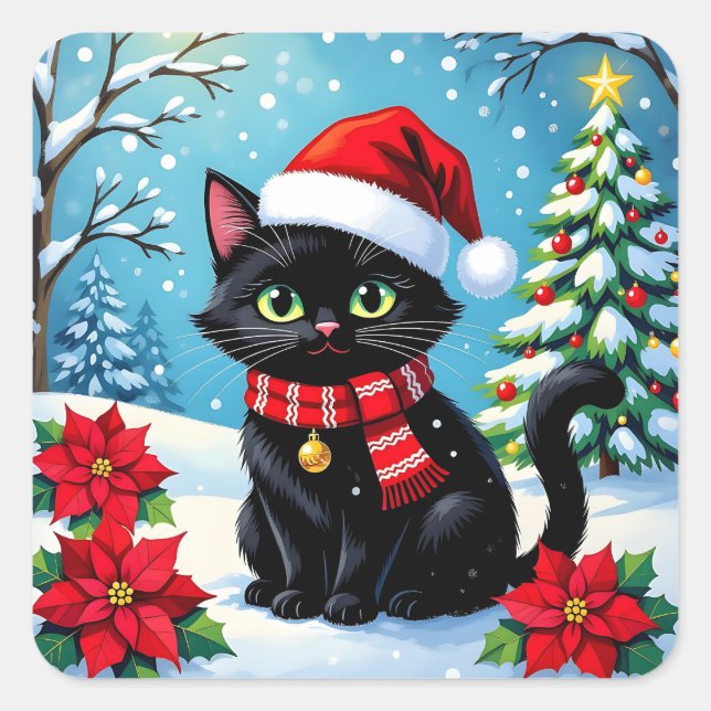 Pegatina Cuadrada A Black Festive Cat with a Christmas Background (Anverso)