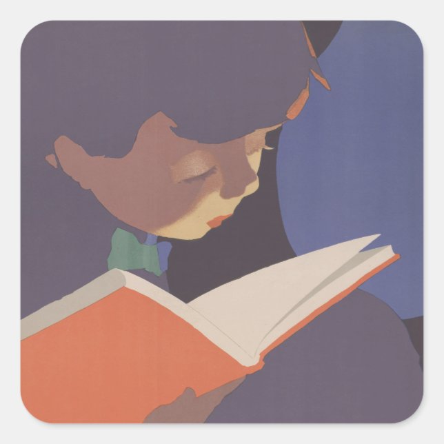 Pegatina Cuadrada A Child Reading in the Library ClassicIllustration (Anverso)