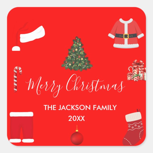 Pegatina Cuadrada A Cozy Christmas Gathering Set on Warm Red (Anverso)