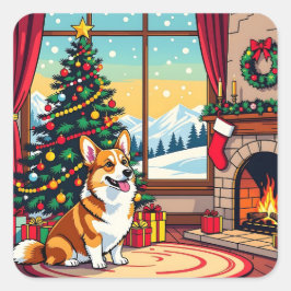 Pegatina Cuadrada A Cute Festive Corgi Christmas