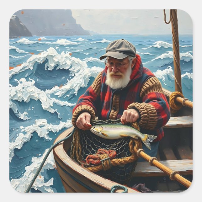 Pegatina Cuadrada A Fisherman on a Boat in the Ocean (Anverso)