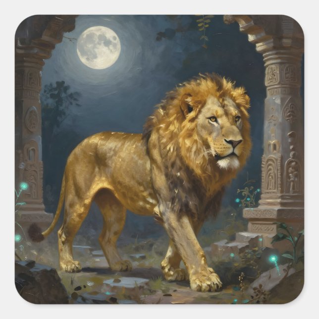 Pegatina Cuadrada A Golden Lion Strolling under the Moonlight  (Anverso)