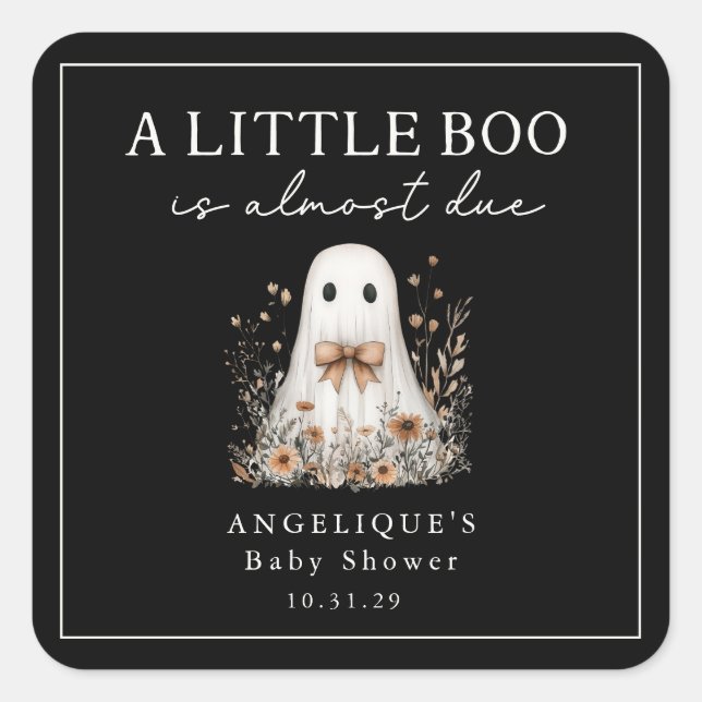 Pegatina Cuadrada A Little Boo Ghost Wildflowers Baby Shower  (Anverso)