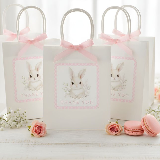Pegatina Cuadrada A Little Bunny Pink Gingham Baby Shower (Subido por el creador)