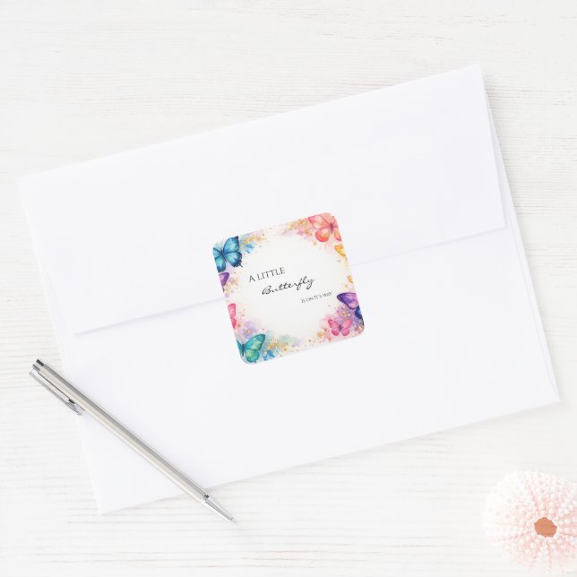 Pegatina Cuadrada A Little Butterfly On It’s away Baby Shower (Sobre)