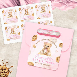 Pegatina Cuadrada A little Cookie Girl Baby Shower - Teddy Bear Pink
